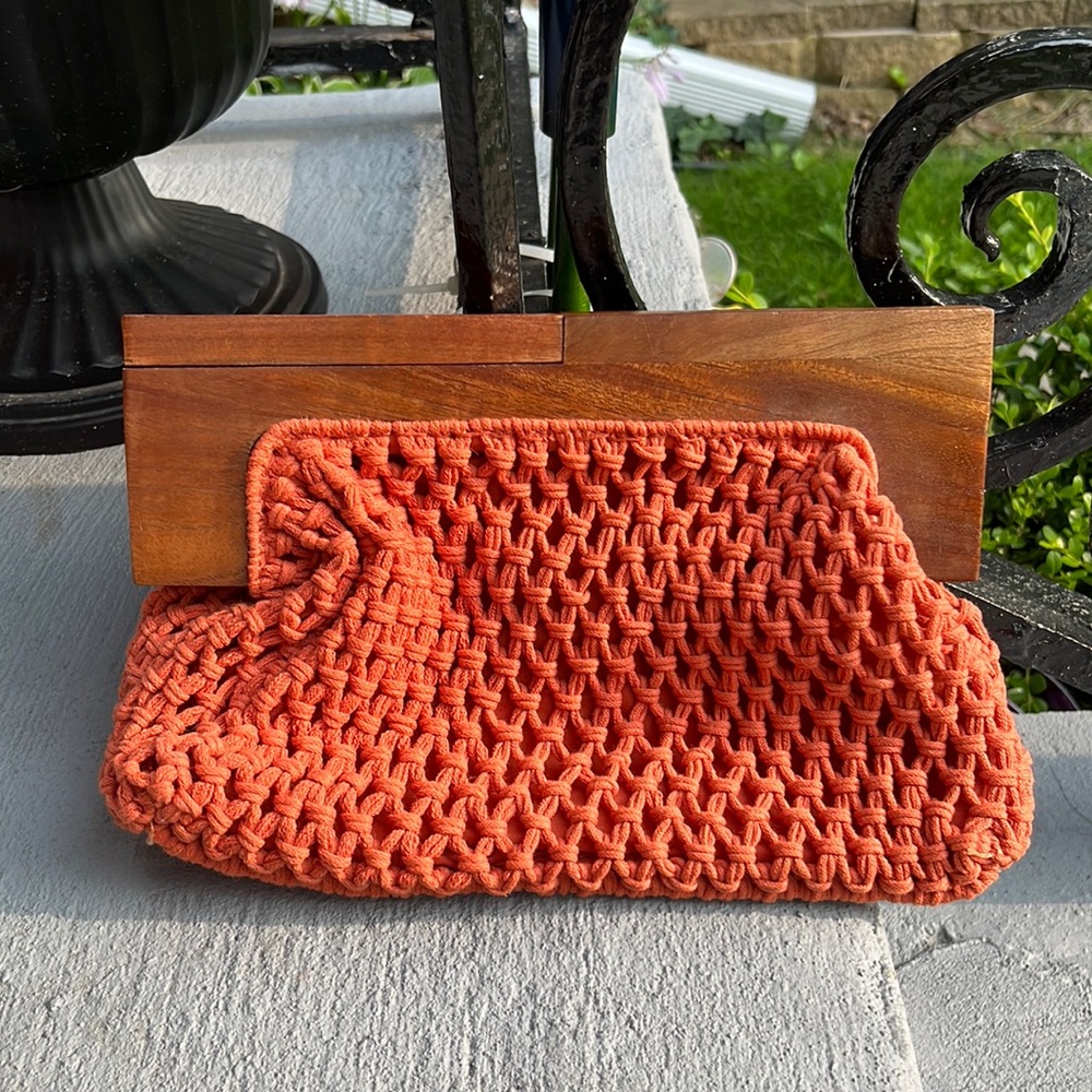 Tangerine Orange Wood Woven Crochet Clutch Handbag Purse by A New Day